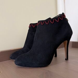 Charlotte Olympia suede ankle booties high heels red stitch 37 designer luxury